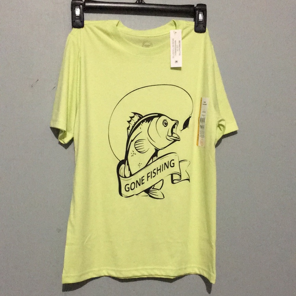 NWT size L(10-12) unisex kids hand made vinyl fishing tee